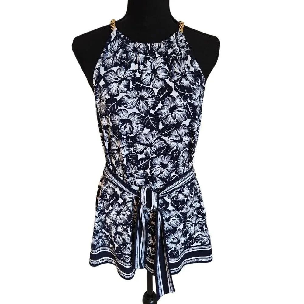 MICHAEL Michael Kors Womens Navy White Floral Halter Blouse Medium